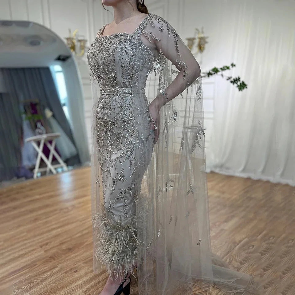 2023 New Mermaid Feather Luxury Beaded With Cape Evening Dresses Gowns for Women Party