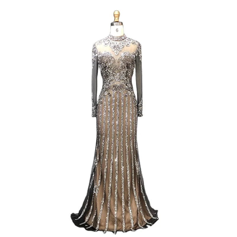2020 New Women's Long Sleeve Dress Luxury Beading Mermaid Party Halter Neck Turkish Evening Dresses