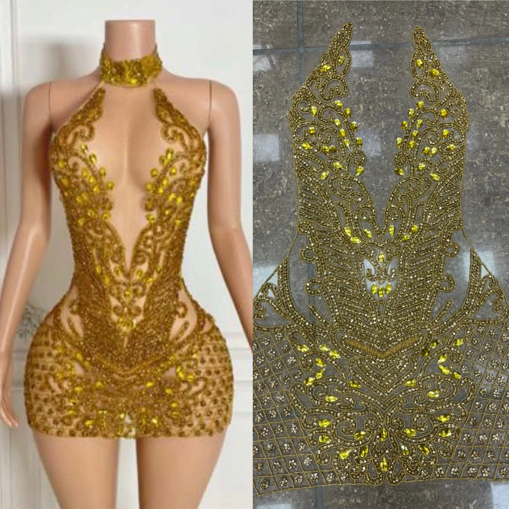 2023 Sparkly See Through Sexy Women Birthday Party Gowns V-neck Luxury Crystals Black Girls Gold Short Prom Dresses