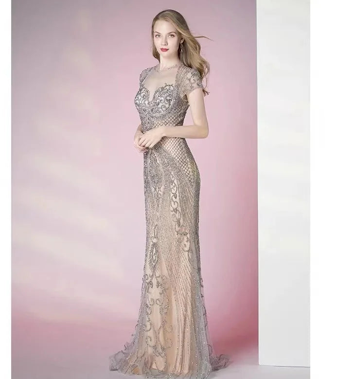New Luxury Diamond Evening Dresses Gowns Cap Sleeve Mermaid Elegant for Women Party Dresses