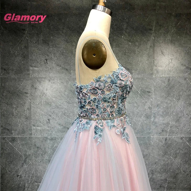 Latest Designs Flower Embroidery Prom a Line Spaghetti Strap Hot Drill Dress Long Formal Evening Gowns