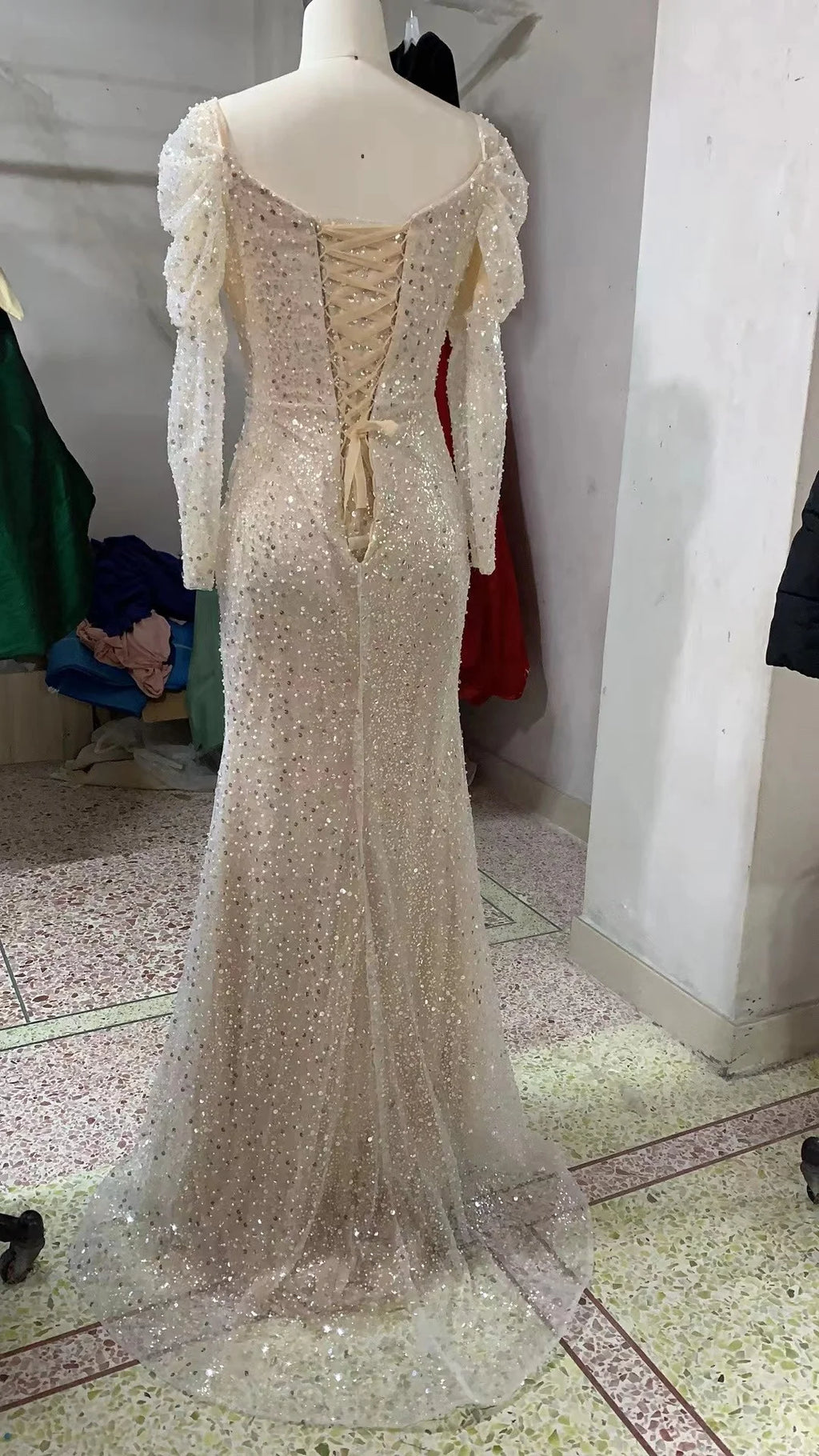 Light Champagne Pearls Evening Dress Women 2024 Mermaid Dress With Gloves Formal Prom Dresses