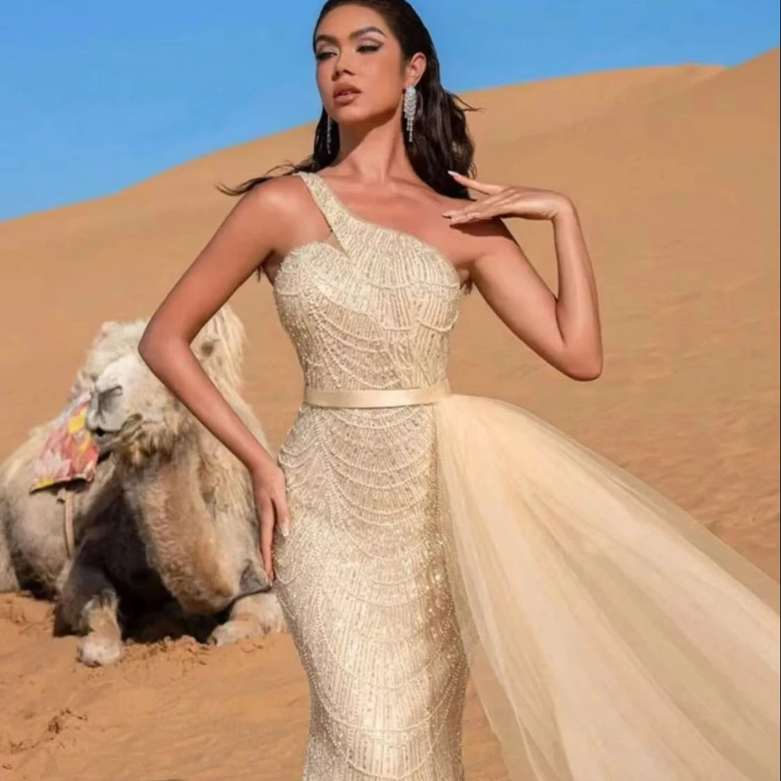 Luxury Dubai Mermaid Evening Dresses With Overskirt for Women 2024 Elegant One Shoulder Pearls Wedding Party Formal Gown