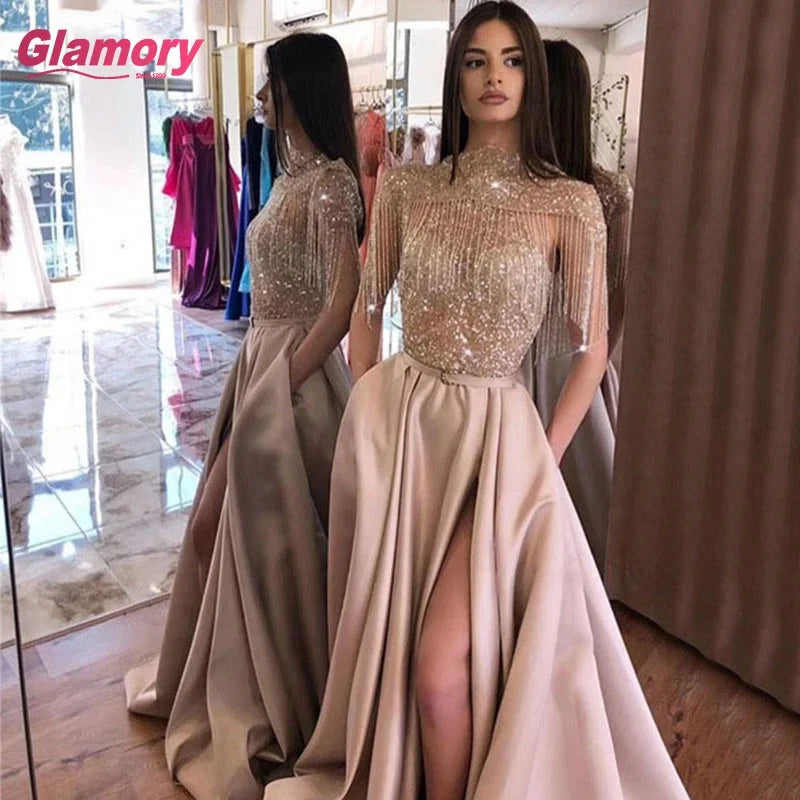 High Neckline  Dubai Style Special Gown Top Beaded Satin Party Gown