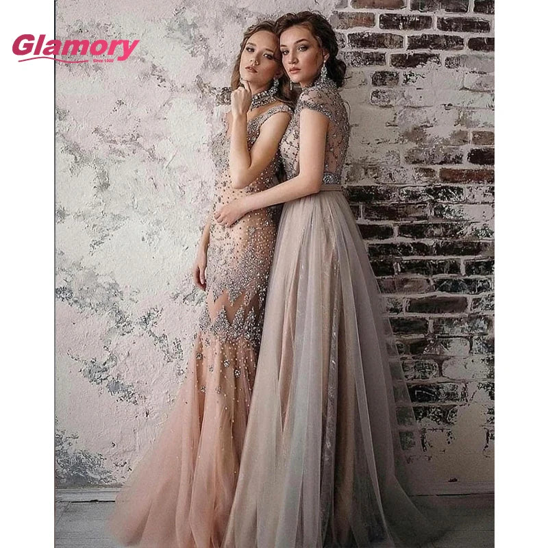 Gray High-neck Formal Woman Prom Beautiful Sexy Illusion Hand-beading Sleeveless a Line Evening Dress