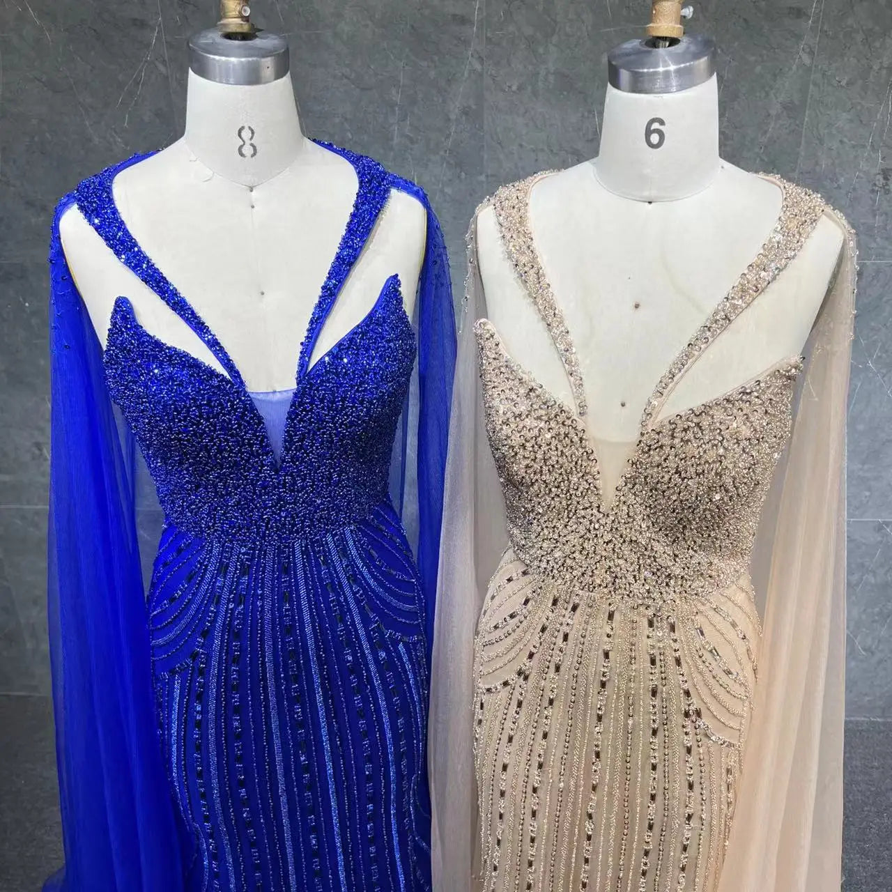 2025 Blue Luxury Dubai Beaded Lace Cape Sleeves Mermaid Evening Gown for Women Wedding Party Dresses