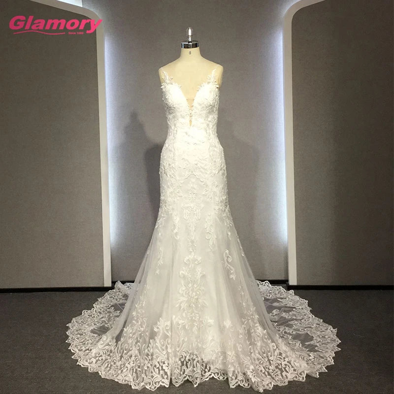 White Marriage Lace Fabric Bride Gown Spaghetti Straps Tulle Mermaid Wedding Dress Made in Chaozhou
