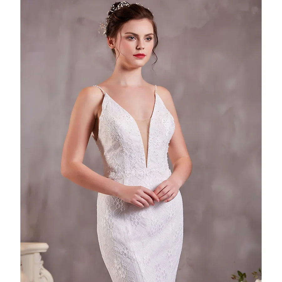 V Neck Sleeveless Lace Mermaid Wedding Dress for Wedding Day