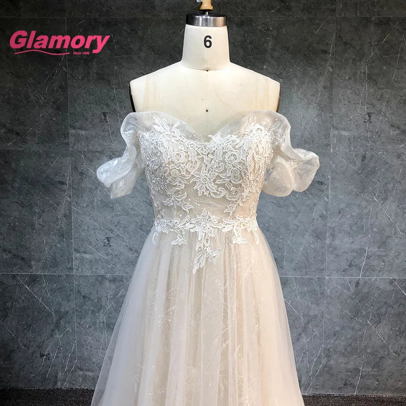Sexy Off Shoulder A-line Beach 3D Lace a Line Garden Wedding Gown Dress Bridal