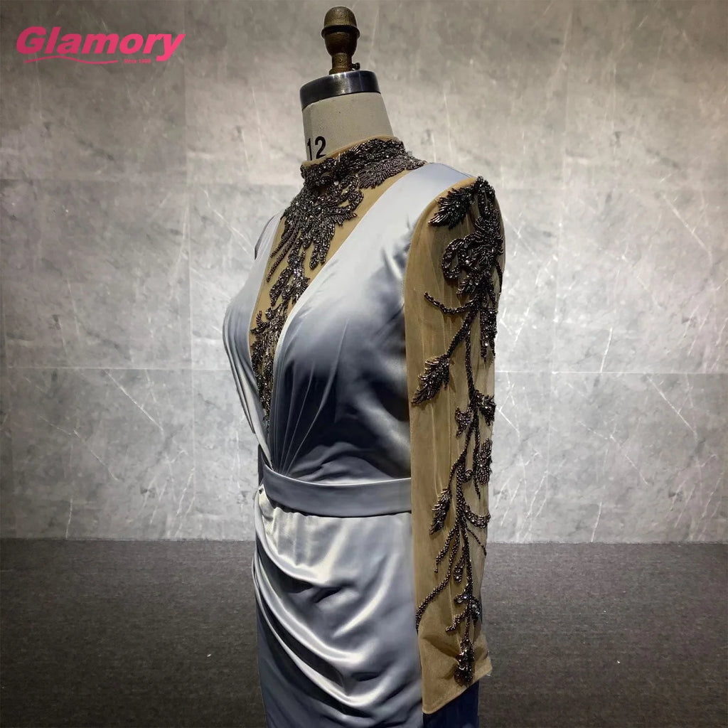 New 2021 Full Sleeve Bodycon Satin Evening Dress With Beads Sexy Banquet Evening Dress for Women