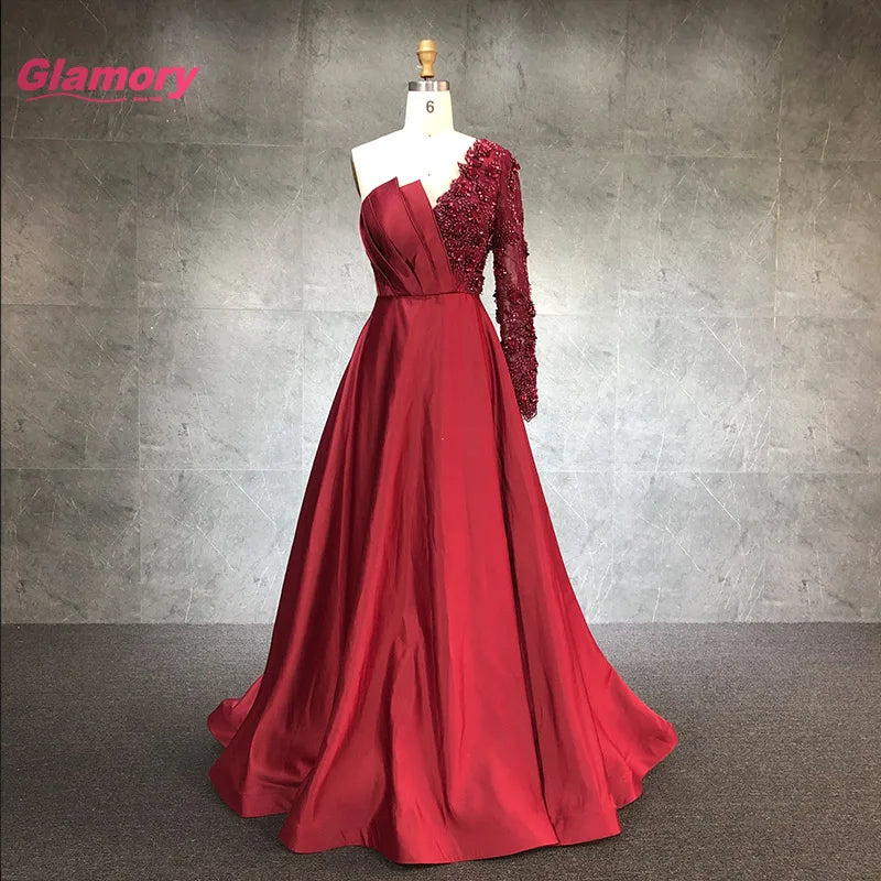 Burgundy One Shoulder Sexy Evening Handmade Flowers a Line Satin Prom Dress Ladies Long Formal Gown
