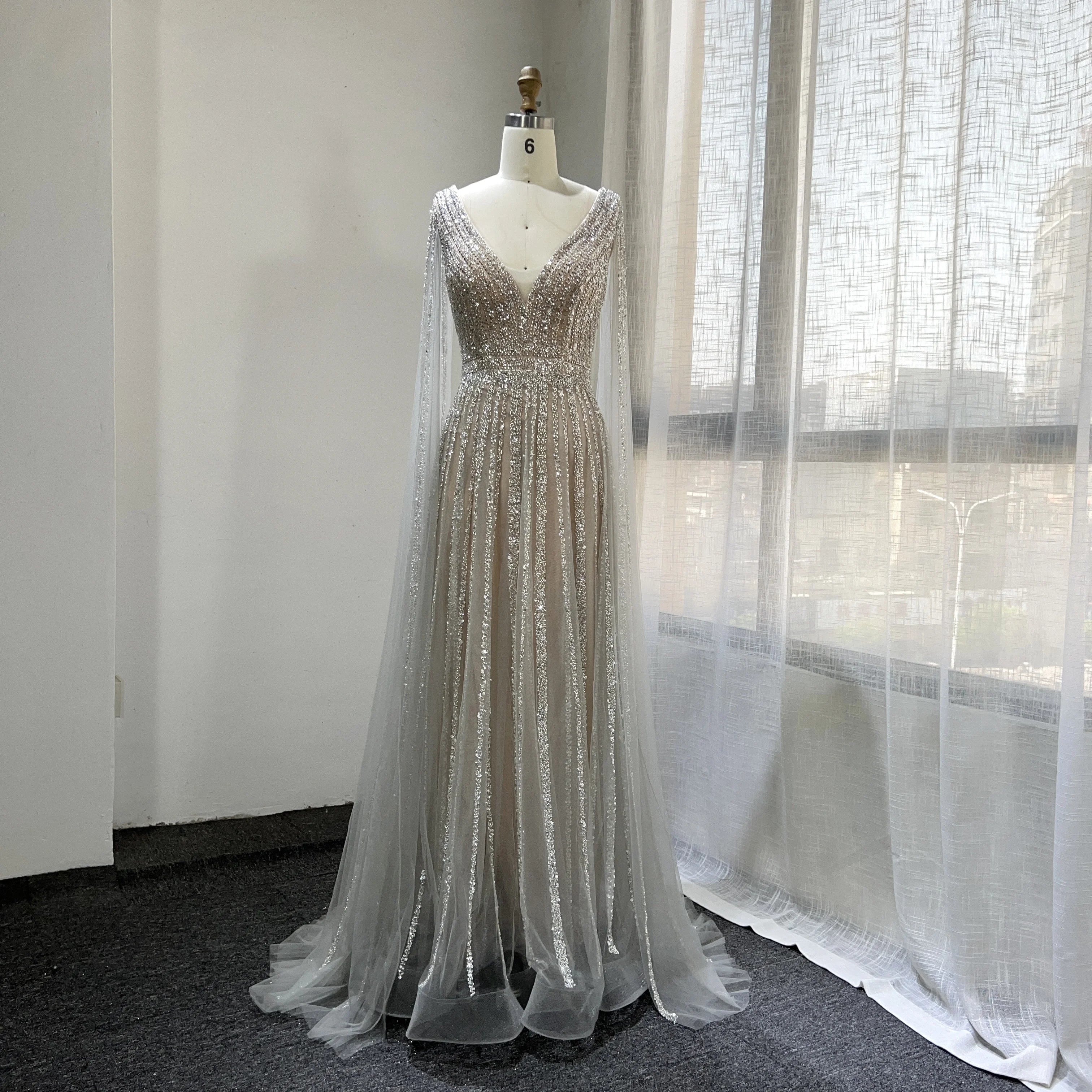 2022 Luxury Beaded V Neck Cape Sleeves A-line Evening Gown for Women Formal Party Dresses Full Natural OEM Service Tulle Adults