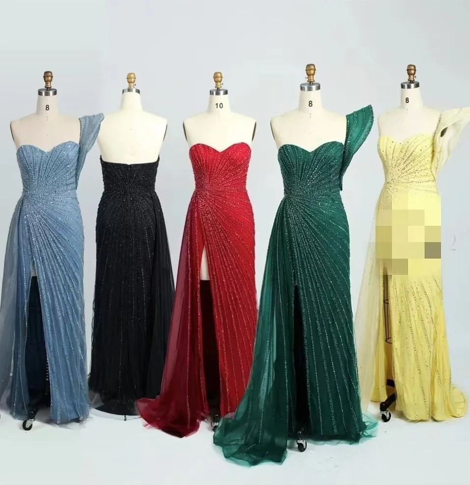 2025 Green Mermaid Beaded Evening Dresses Formal Party Gowns for Women Wedding One Shoulder Side Split Prom Dress