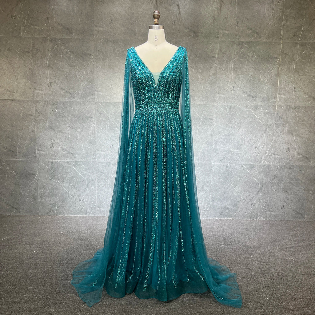 2022 Luxury Beaded V Neck Cape Sleeves A-line Evening Gown for Women Formal Party Dresses Full Natural OEM Service Tulle Adults