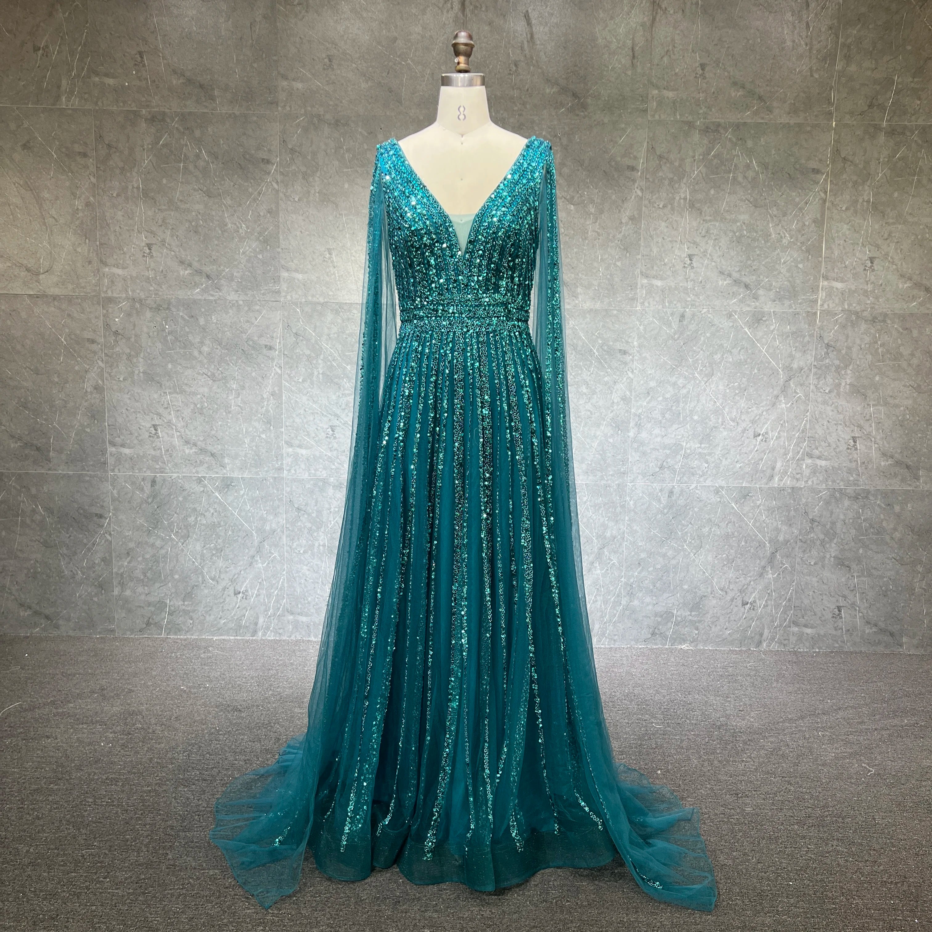 2022 Luxury Beaded V Neck Cape Sleeves A-line Evening Gown for Women Formal Party Dresses Full Natural OEM Service Tulle Adults
