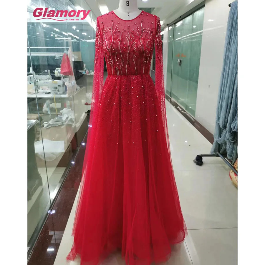 Hot Selling Bead Evening Dress Long Sleeves A-Line  Party  Evening Gown