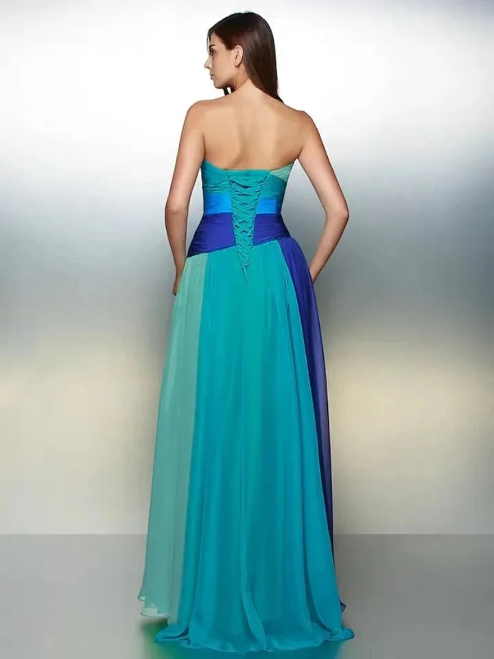 A-Line Prom Dresses Color Block Sleeveless Strapless Satin With Pleats Party Evening Party Gown