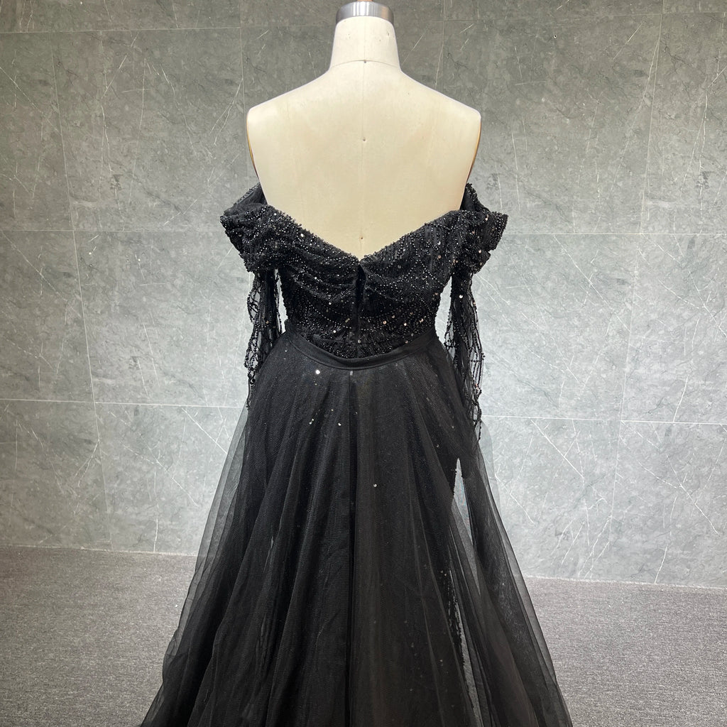 2023 Luxury Black Dubai Evening Dress Off Long Sleeve Detachable Skirt Arabic Women Wedding Party Prom Gown