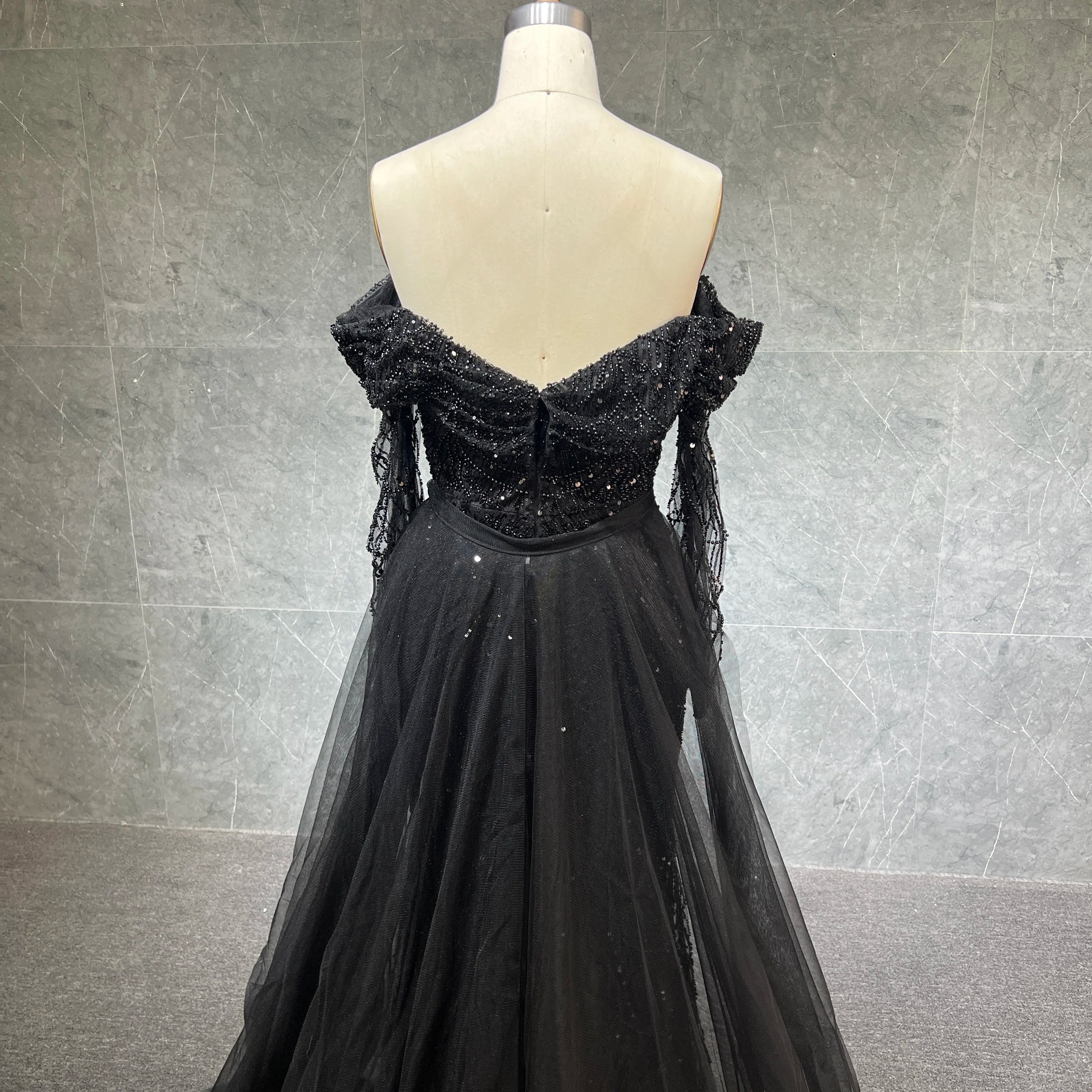 2023 Luxury Black Dubai Evening Dress Off Long Sleeve Detachable Skirt Arabic Women Wedding Party Prom Gown