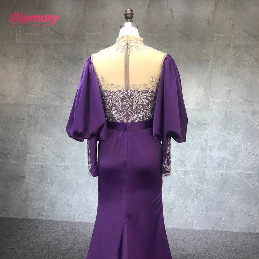 2021 New Arrival Mermaid Luxury Evening Dresses Puff Sleeved  With Split Sexy  Party Dress for Woman