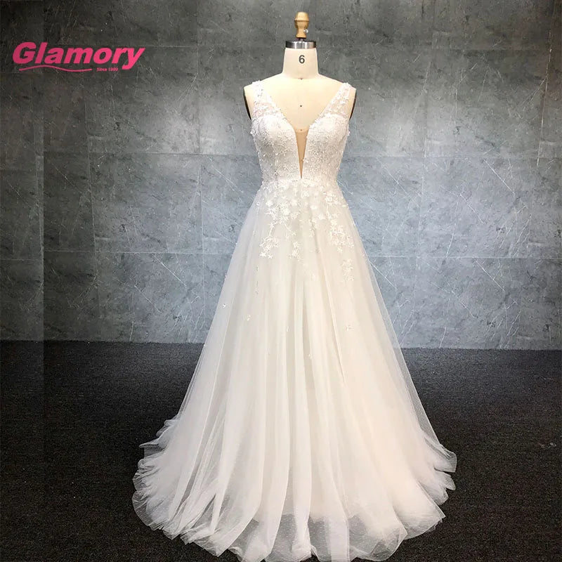 Ej test Latest A-Line V Neck Sleeveless Gown Lace Appliqued Tulle Bridal Wedding Dress