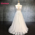 Ej test Latest A-Line V Neck Sleeveless Gown Lace Appliqued Tulle Bridal Wedding Dress