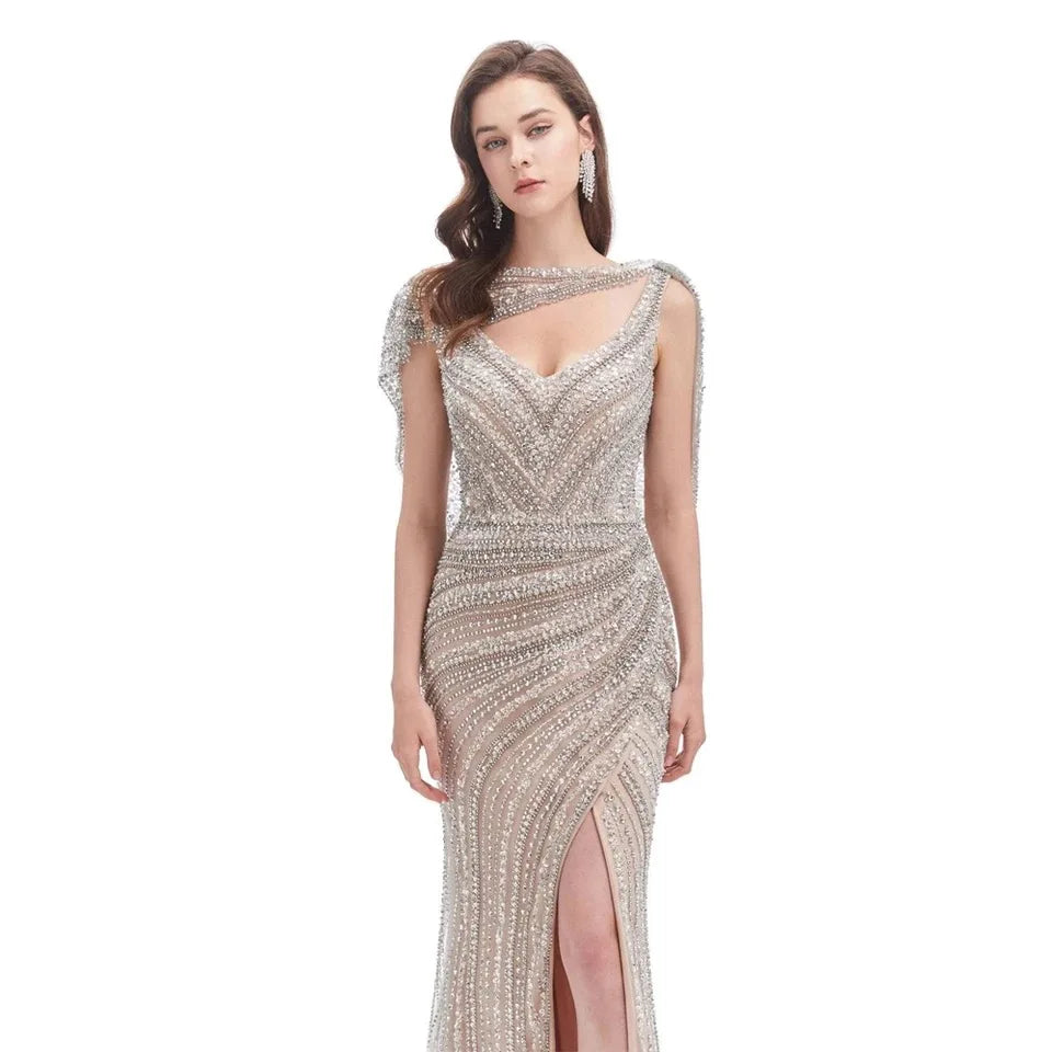 New Fashion Beading Evening Dress Mermaid V Neck Sexy Party Wear Gown With Cape for Women
