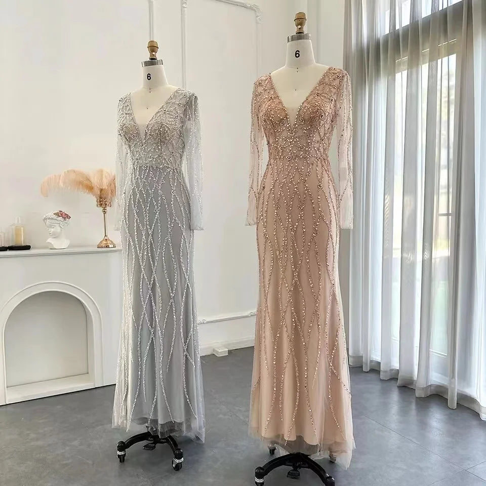 Hot Selling Wholesale Long Sleeve V-neck Beading Evening Prom for Women Evening Dresses