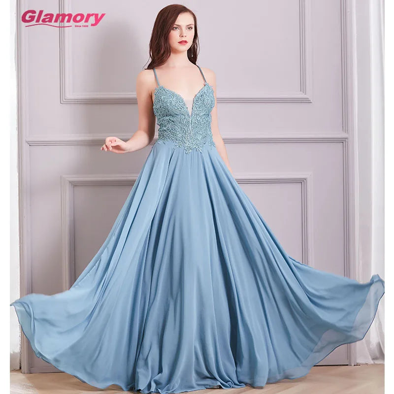 Women Ladies Lace Applique Chiffon Prom Gown Sexy Suspenders Backless Formal Party Dresses Long Evening Dress