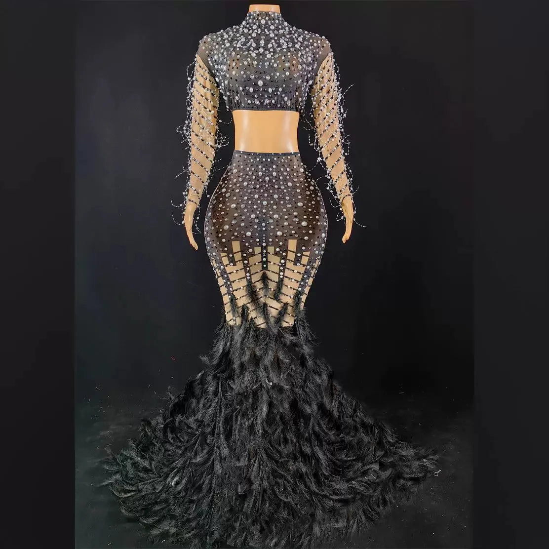Luxury Pearl Sequins Mermaid Dress Women Ball Gown Wedding Dress Fashion Feather Shining Rhinestone Party Dress