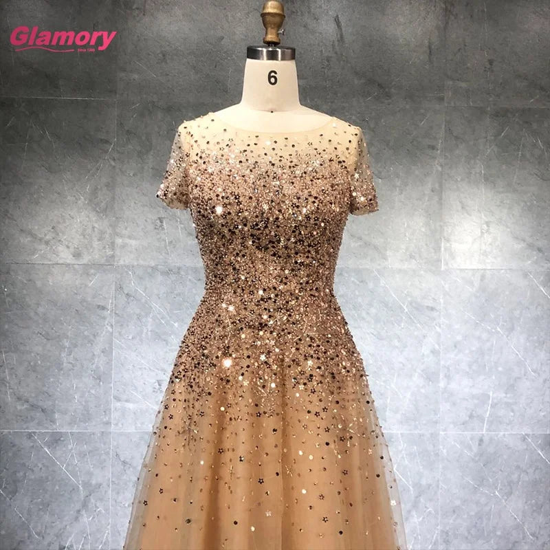 Crystal O-Neck  Beading Prom Short Sleeve Elegant Party Long Gold Evening Dress
