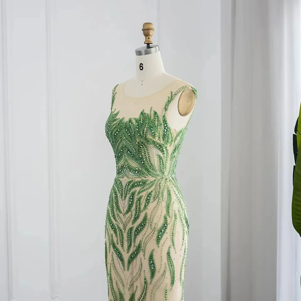 2023 Dubai Green Nude Mermaid Evening Dress Elegant Beaded Long Prom Formal Dress for Party