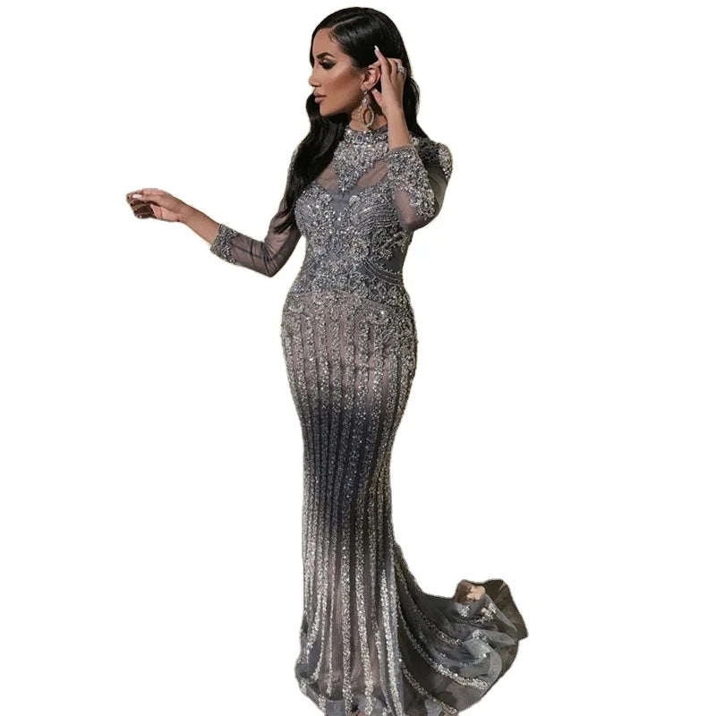 2020 New Women's Long Sleeve Dress Luxury Beading Mermaid Party Halter Neck Turkish Evening Dresses
