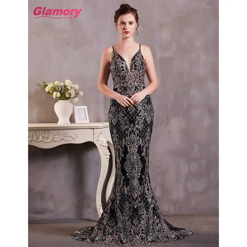 Sexy Suspenders Dress Fishtail Sequin Lace Evening Dresses Backless Bodycon Evening Dresses for Women
