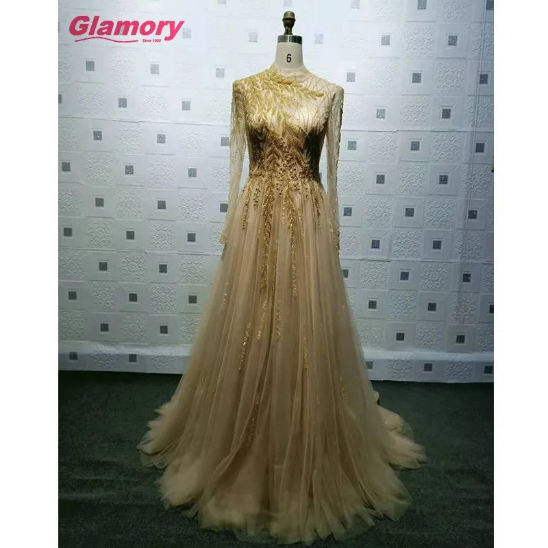 New Arrival Gold High Neck Long Sleeve Luxury Handmade Beading Evening Dress