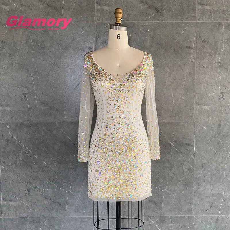 Sexy Black Homecoming Dresses Sweetheart Long Sleeve Shinny Crystal Stone Short Prom Dress