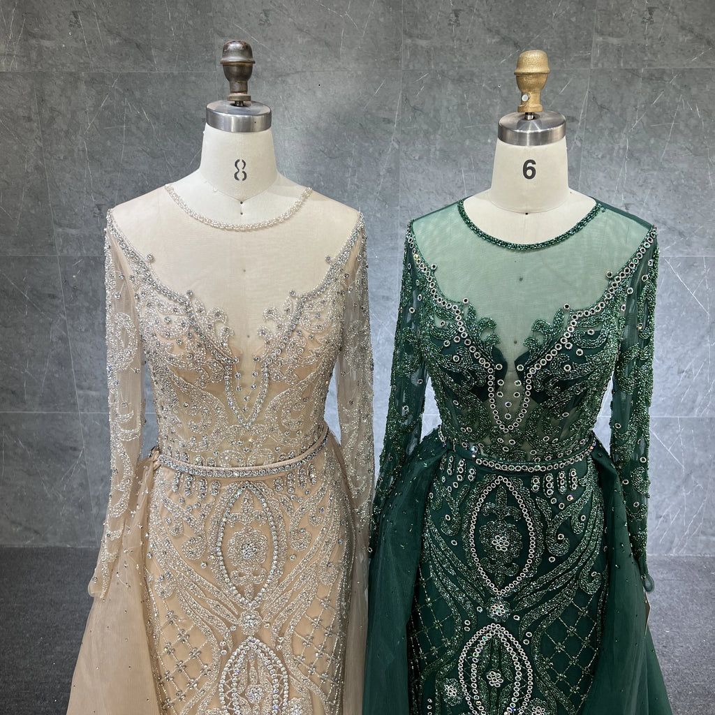 New Muslim Nude Silver Elegant Mermaid Beaded Luxury With Skirt Long Sleeve Evening Dresses Gowns