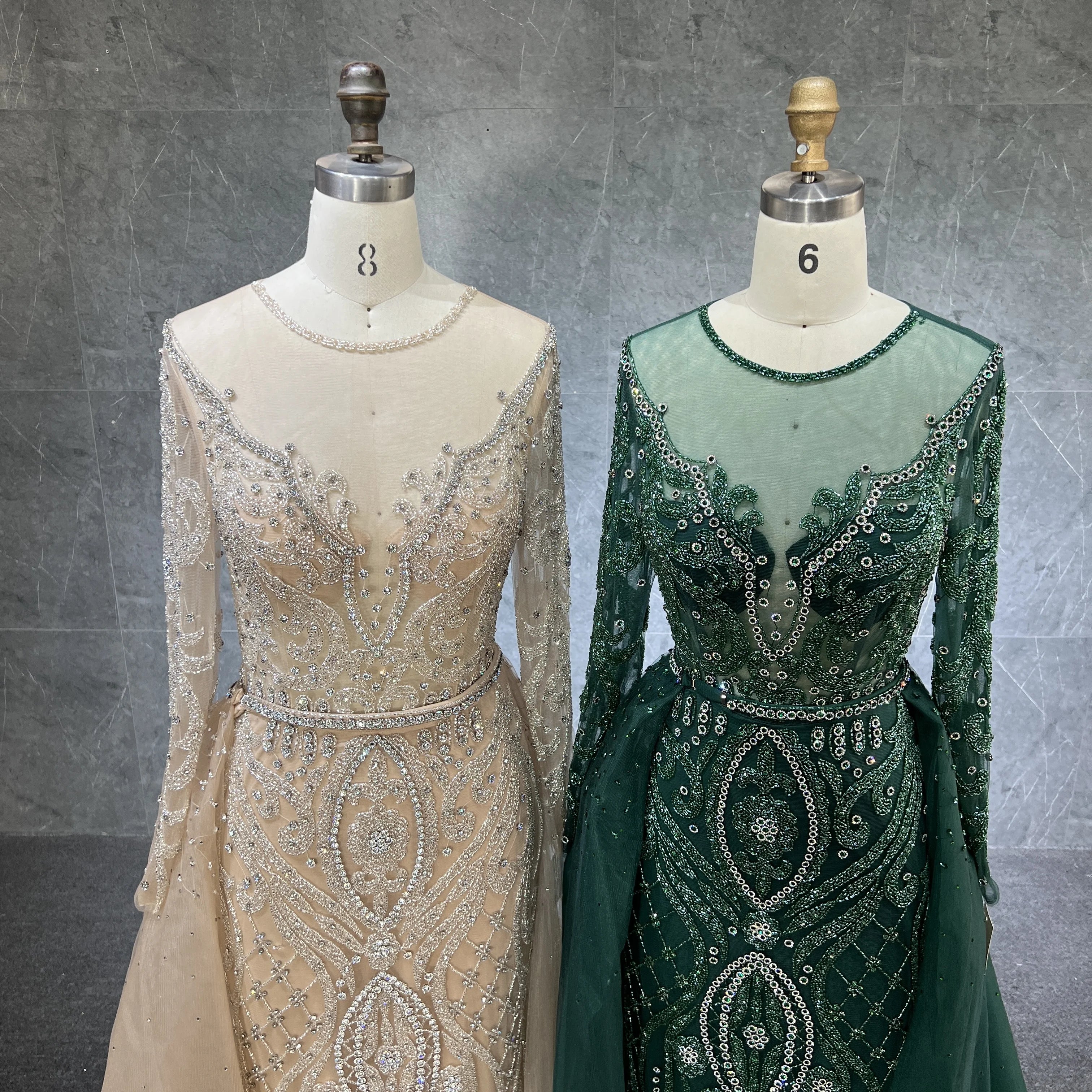 New Muslim Nude Silver Elegant Mermaid Beaded Luxury With Skirt Long Sleeve Evening Dresses Gowns