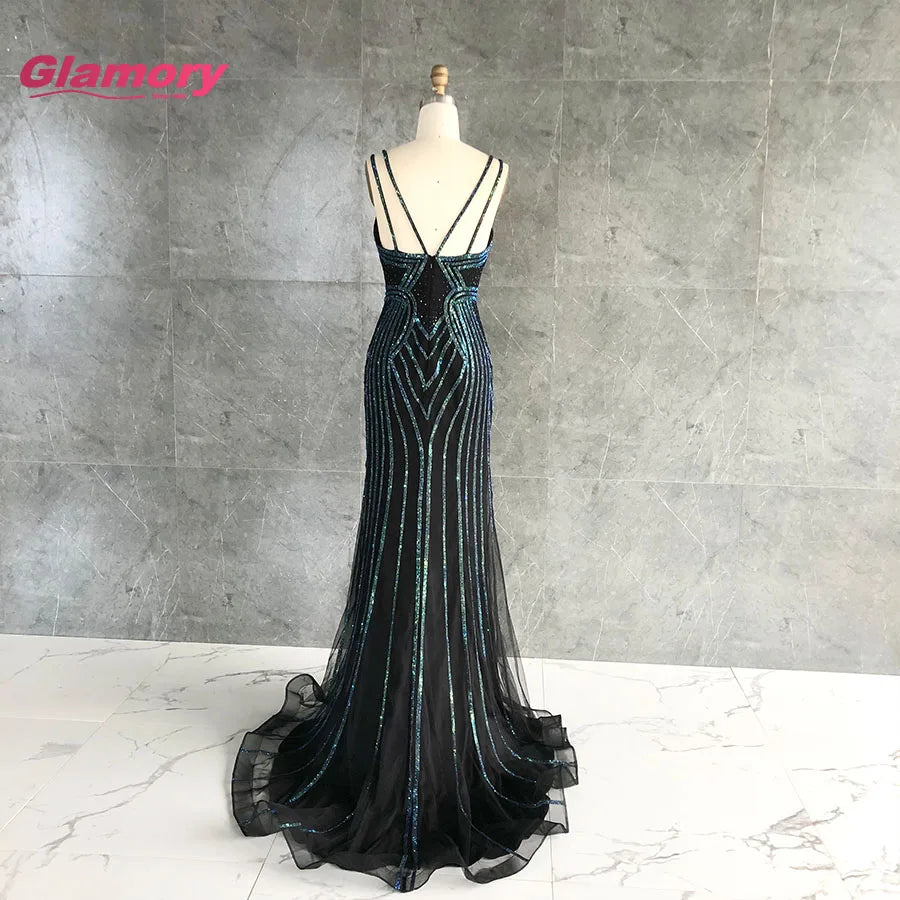 2020 Latest Design Crystal Black Color Sexy V Neck Luxury Prom Dresses Lady Elegant Party Evening Dress