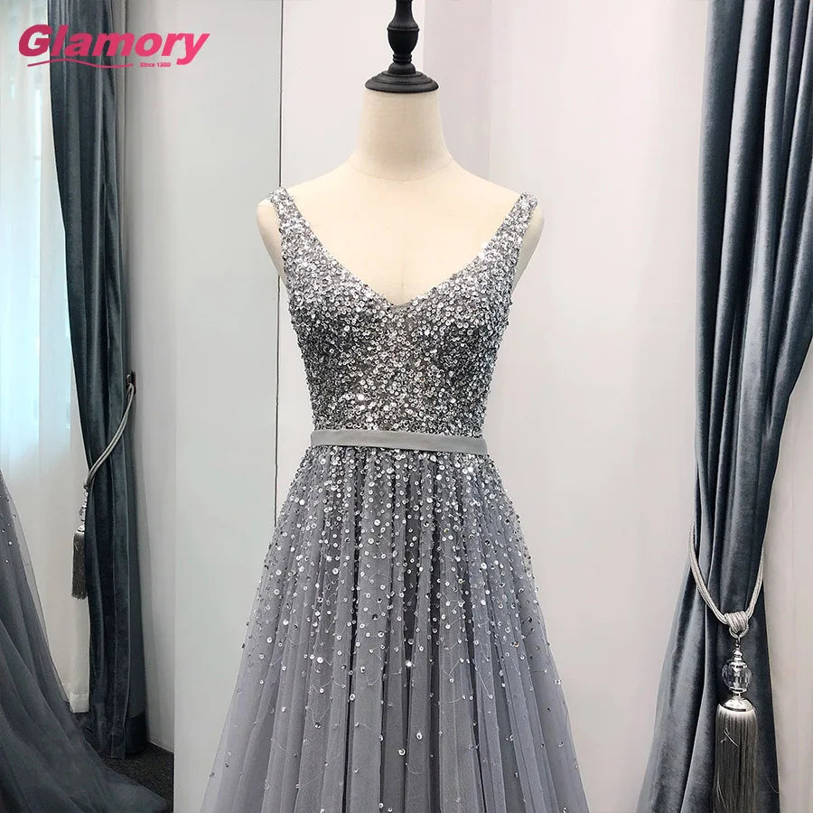 Gray Beading Sparkly Prom V Neck Elegant European Style A-Line Charming Evening Dress