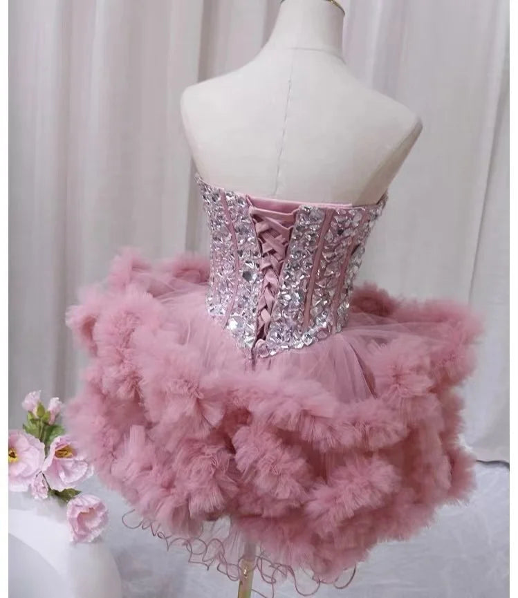 Pink New Design Sweet Heart Beading Sugar Dress Ruffles Party Evening Dress