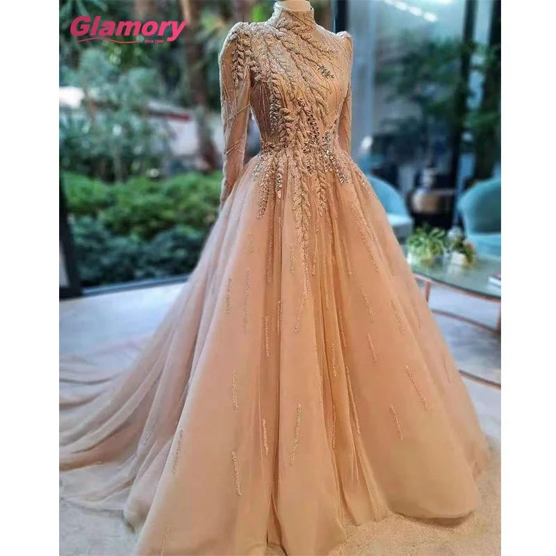 New Arrival Gold High Neck Long Sleeve Luxury Handmade Beading Evening Dress