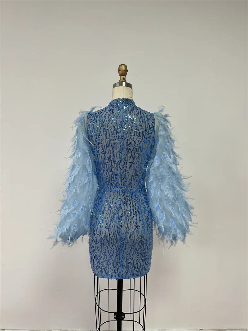 Luxury Feather Sexy Beaded Shiny Rhinestone Nightclub Breast Sexy Body Dress Blue