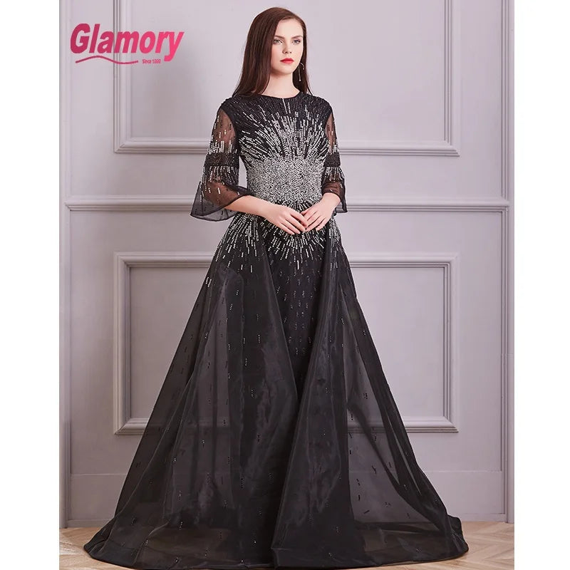 Black Plus Size Prom Gowns Handmade Beaded Women Evening Dress With Great Price