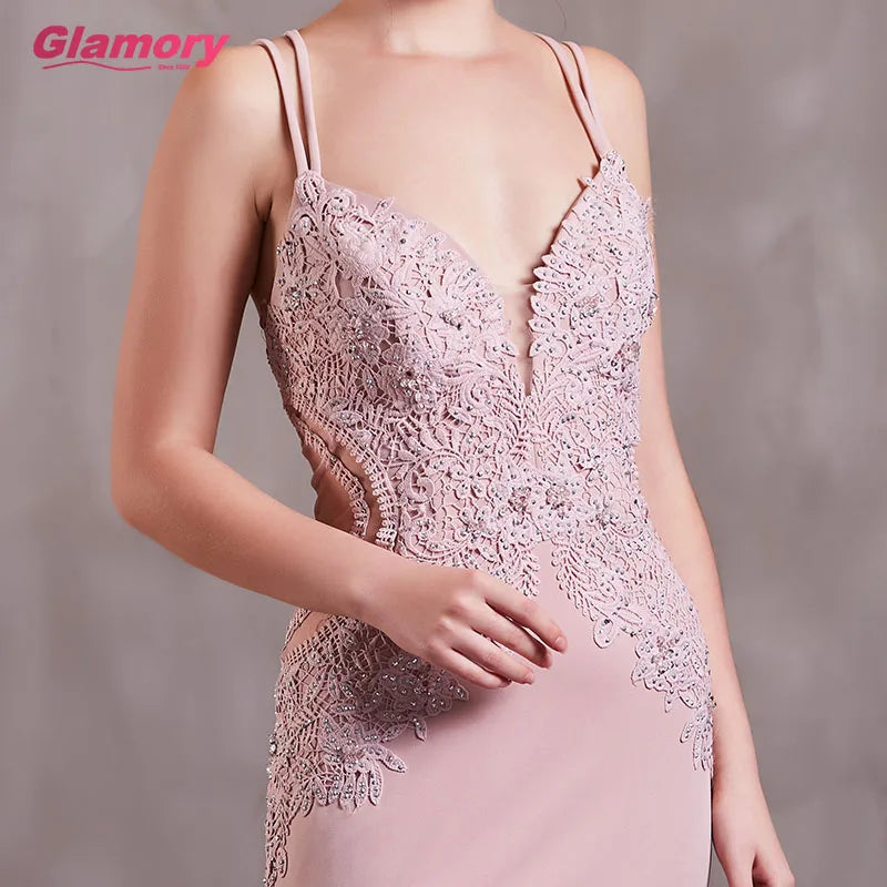 High Quality Sexy Suspenders Dresses Lace Appliques Long Evening Dress Summer Wear Bodycon Prom Gown