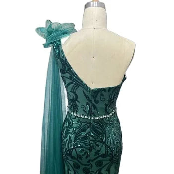 Dubai Green Party Dinner Dress One Shoulder Cape Long Evening Dresses With Beads Belt Customized Luxury Wedding Robe