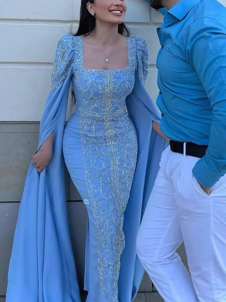 Blue Muslim Elegant Mermaid Cape Sleeves Evening Dresses Arabic Beaded Gowns 2023 for Women Wedding Party