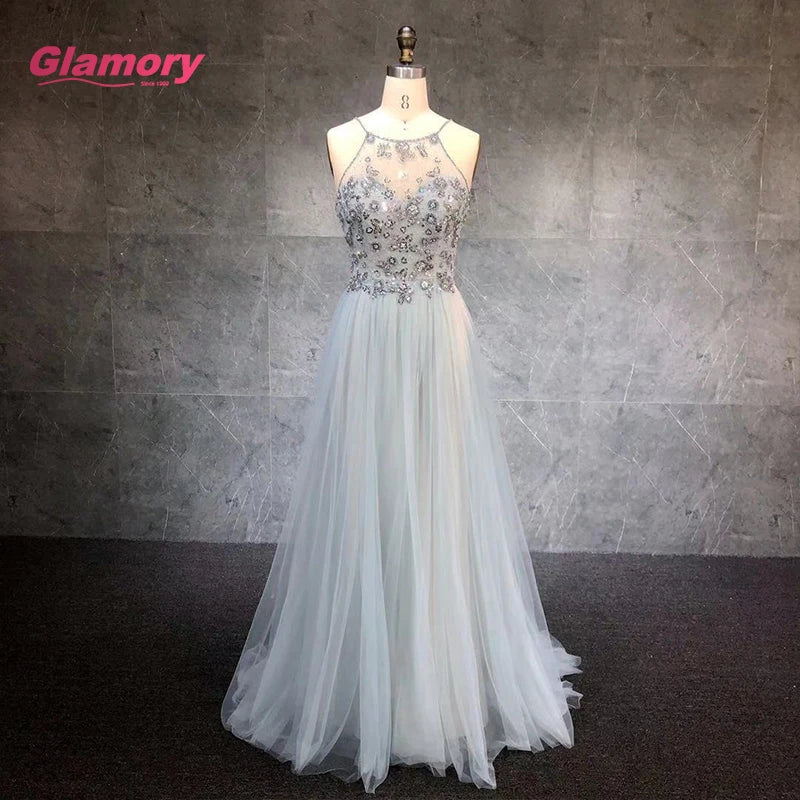 Top Selling Handmade Beading Low Back Tulle Formal Party Evening Prom Dresses for Ladies