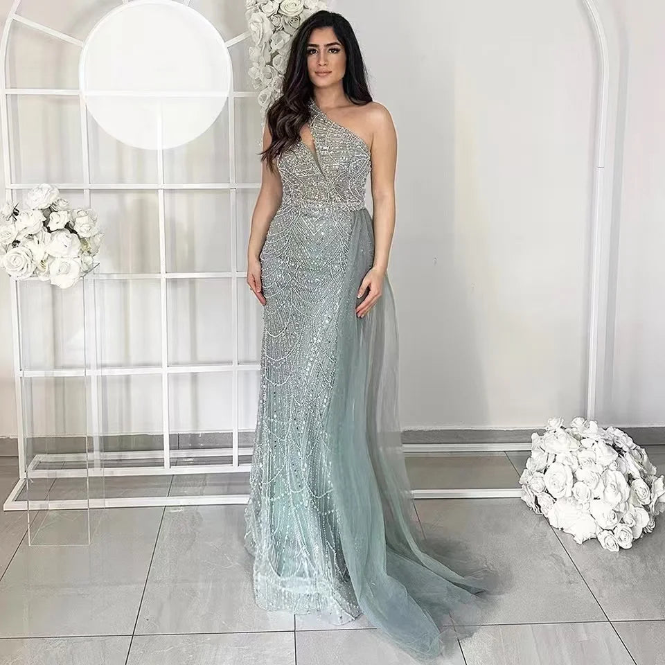 Luxury Dubai Mermaid Evening Dresses With Overskirt for Women 2024 Elegant One Shoulder Pearls Wedding Party Formal Gown