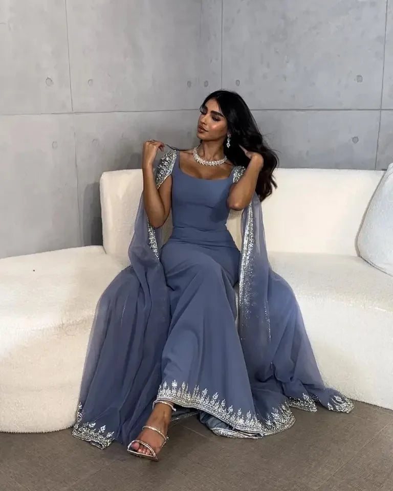 Fog Blue Cape Sleeves Luxury Pakistani Dress Gowns 2023 Mermaid Beaded Elegant for Women Party